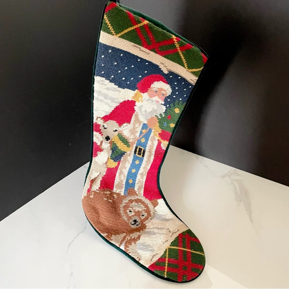 Santa with Animals & Starry Sky Holiday Needlepoint Stocking